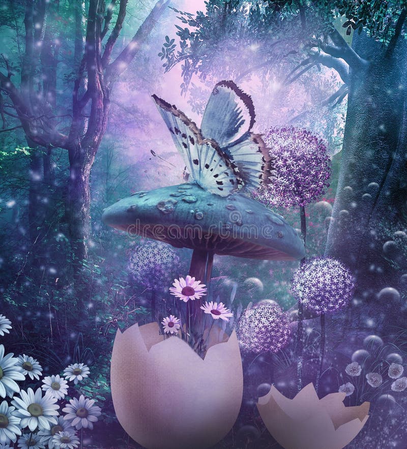 Fantasy blue purle forest  with red mushrooms and a tea set