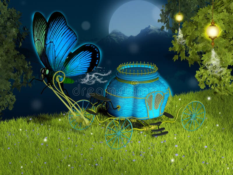 Fantasy carriage with a butterfly in the forest. Grass night sky background illustrations