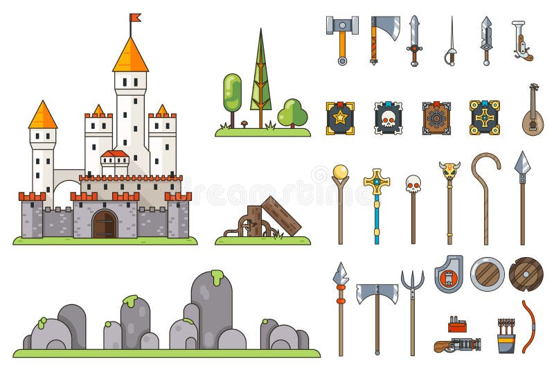 Fantasy Castle Game Weapons Screen Concept Adventurer RPG Flat Design Magic Fairy Tail Icon Template Vector