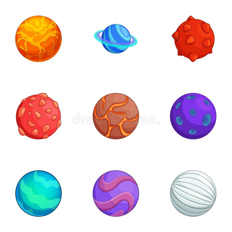Fantasy colorful planets icons set, cartoon style stock illustration
