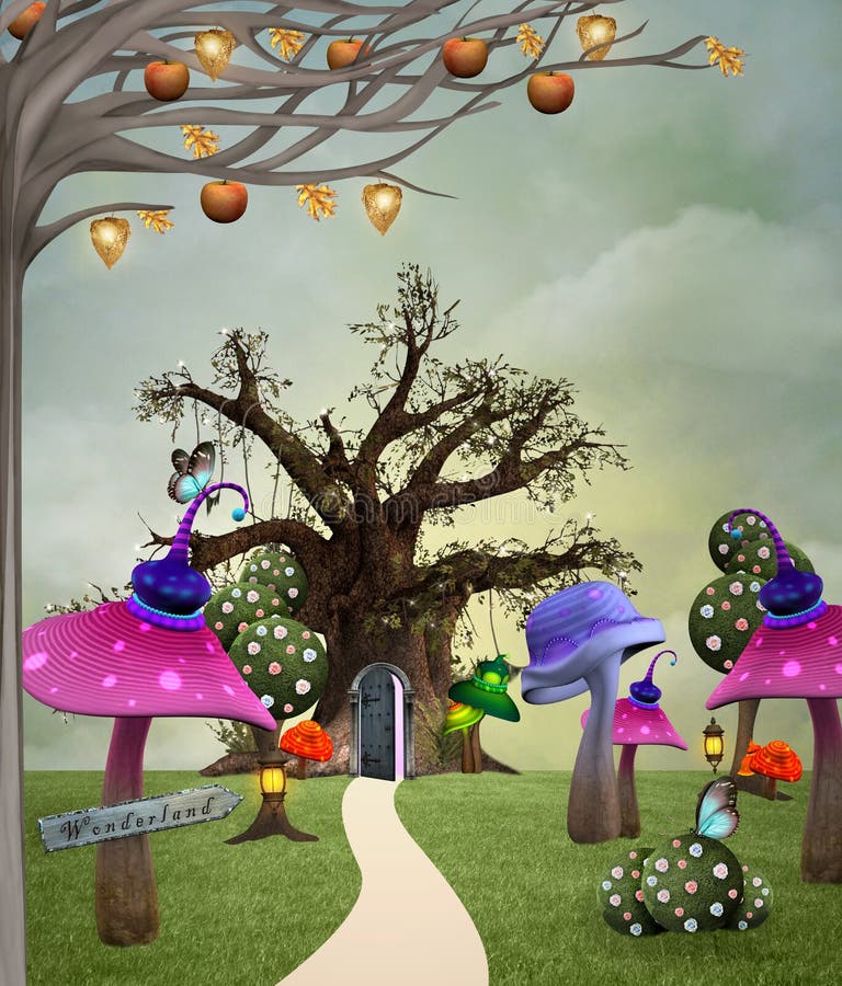 Fantasy country landscape with surreal mushrooms stock illustration Fantasy country landscape with surreal mushrooms stock illustration