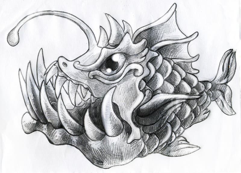 Fantasy Deep Water Fish - Pencil Sketch Stock Illustration - Image