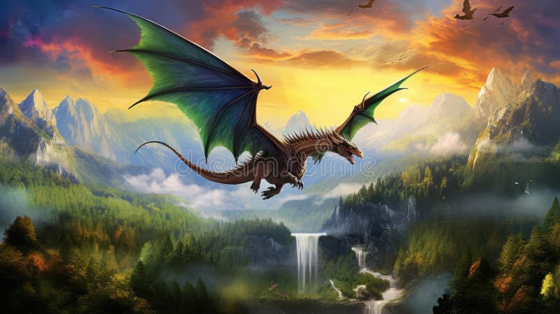 Wood dragon fantasy landscape digital illustration Stock