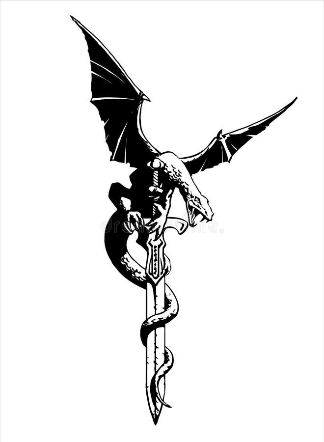 Fantasy Dragon mit Flügeln, die sich auf ein Schwert ausbreiten - Vektor-Illustration stock abbildung Fantasy Dragon mit Flügeln, die sich auf ein Schwert ausbreiten - Vektor-Illustration stock abbildung