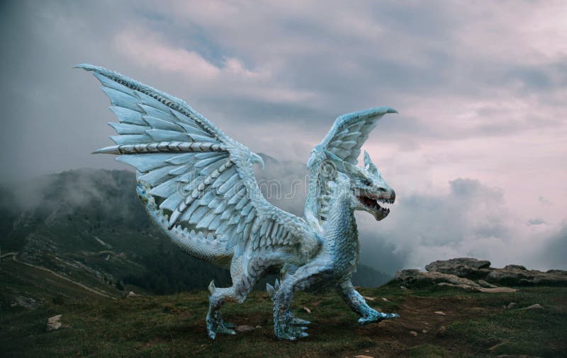 Fantasy Dragon Stands on the Top of the Mountain. a Huge Dangerous Animal  with Large, Sharp Wings Stock Photo - Image of gothic, darkness: 195813682