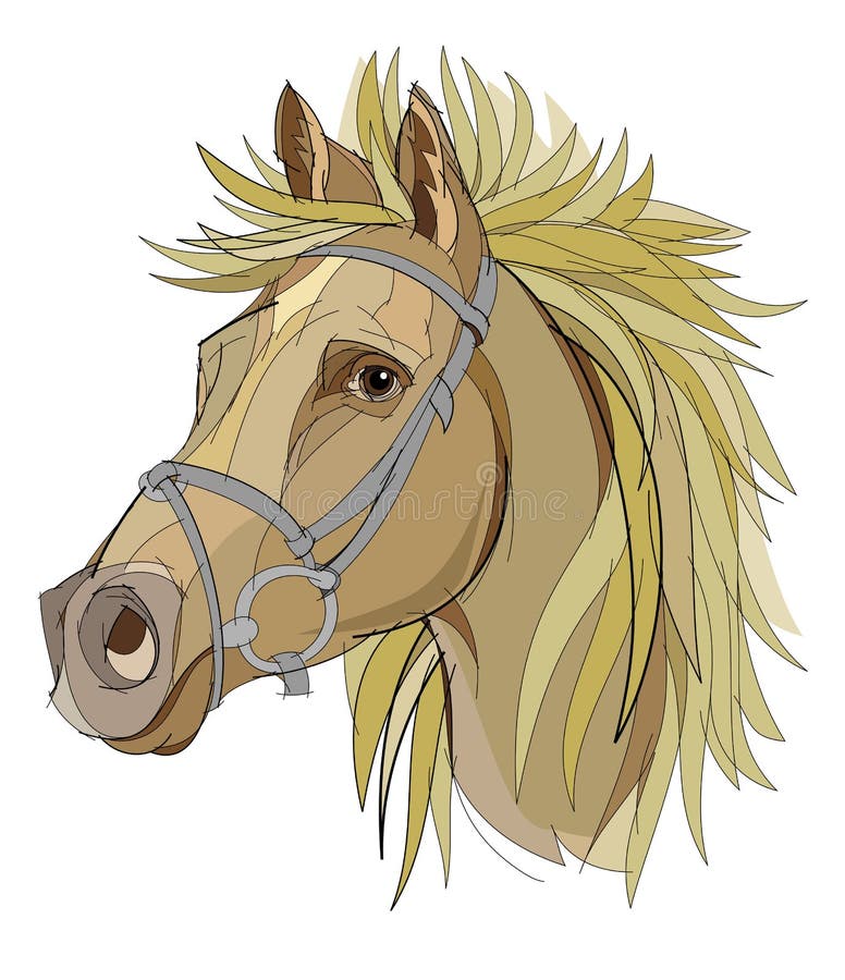 Fantasy Drawing of Head of Cute Horse with a Flowing Mane on White