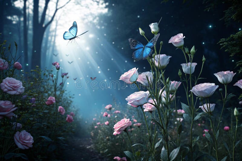 Fantasy Eustoma Blumen und Schmetterling in magischen Wald vektor abbildung