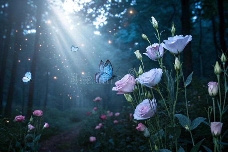 Fantasy Eustoma Blumen und Schmetterling in magischen Wald lizenzfreie abbildung