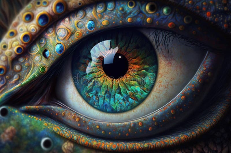 Fantasy eye z żywymi, niesamowitymi kolorami, widok makr. makro oka z żywymi nasyconymi kolorami. wygenerowane przez ai ilustracji