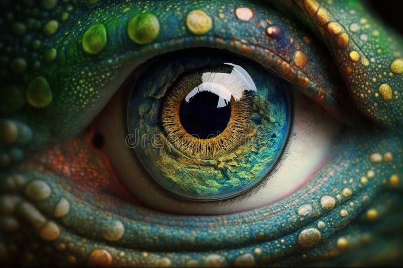Fantasy eye z żywymi, niesamowitymi kolorami, widok makr. makro oka z żywymi nasyconymi kolorami. wygenerowane przez ai ilustracja wektor