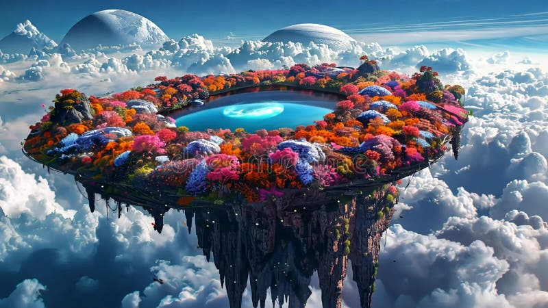 Fantasy floating island with colorful flowers and a blue lake stock illustration
