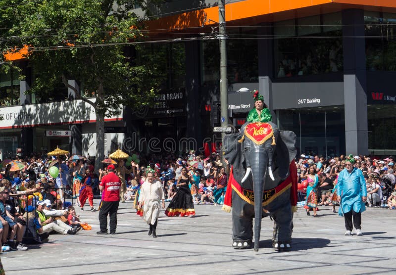 Fantasy floats ` Nellie the Elephant ` perform in the 2018 Credit Union Christmas Pageant parade. royalty free stock photo Fantasy floats ` Nellie the Elephant ` perform in the 2018 Credit Union Christmas Pageant parade. royalty free stock photo