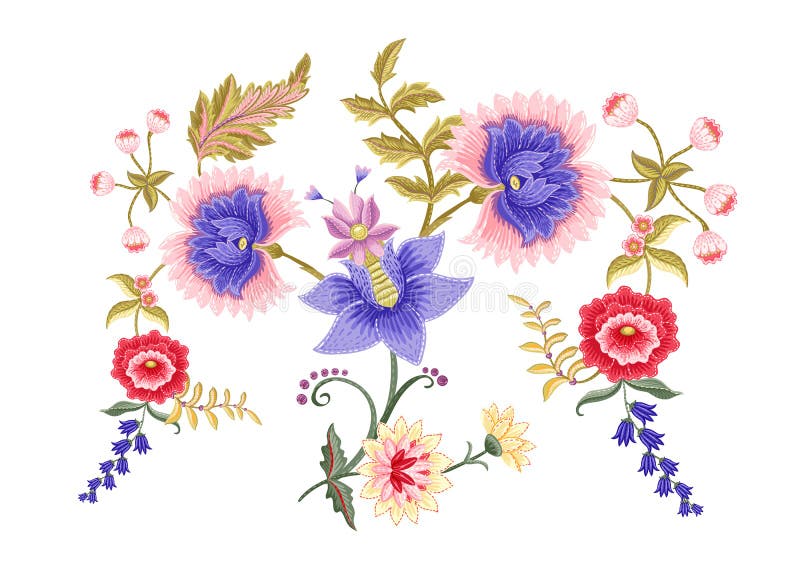 Fantasy Flowers in Retro, Vintage, Jacobean Embroidery Style. Clip Art ...