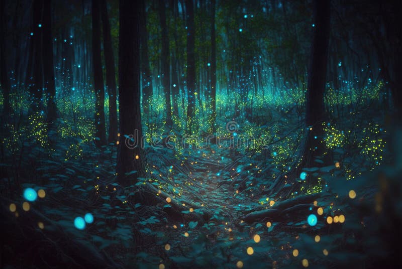 Fantasy forest at night, magic lights and fireflies in dark fairytale wood, generative AI