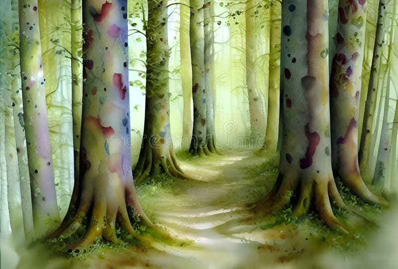 Fantasy Forest with Trees. Digital Painting Illustration Stock