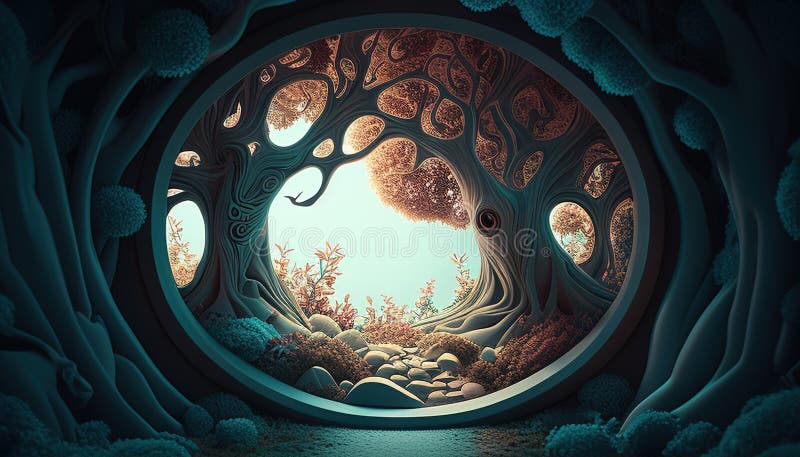 fantasy forest in the window, digital art illustration, Generative AI