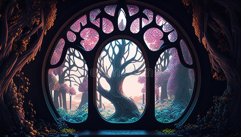 fantasy forest in the window, digital art illustration, Generative AI