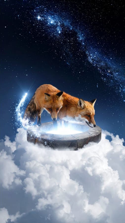 Fantasy Fox on Floating Cloud Platform stock illustration