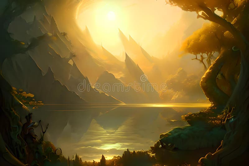 Golden Sky Fantasy Frontier.Generative AI Stock Image Image of border