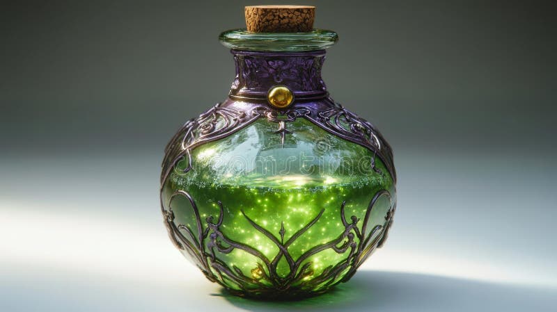 Fantasy Glass Potion Flasche mit glühender grüner Flüssigkeit stock abbildung