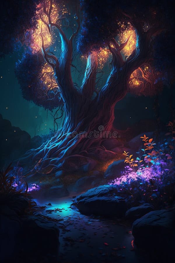 Fantasy Glowing Forest at Night Stock Illustration - Illustration of ...