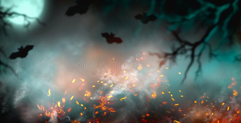 Fantasy Halloween Background. Beautiful dark deep forest backdrop with smoke, fire, vampire bats. Halloween magic holiday collage