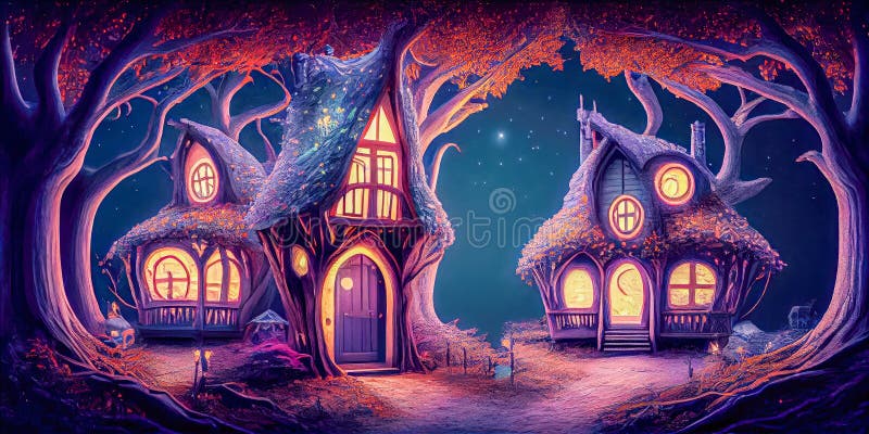 Fantasy Houses in the Magical Forest at Night Stock Illustration ...