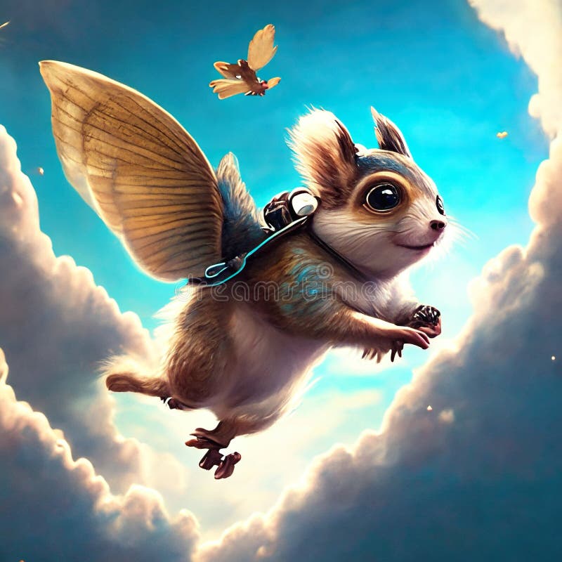 Fantasy illustration of a flying squirrel with wings and a magic wand AI generated design for Instagram, Facebook wall painting