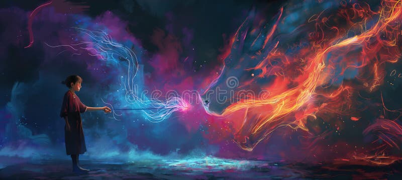 Ilustrația fantezie a unei femei care ține o baghetă magică și un dragon în întuneric. vector illustration