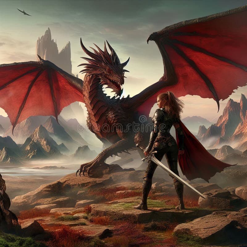 Ilustrarea fantezie a unei femei cavaler cu sabie care se confruntă cu un dragon înrăit într-un peisaj stâncos. vector illustration