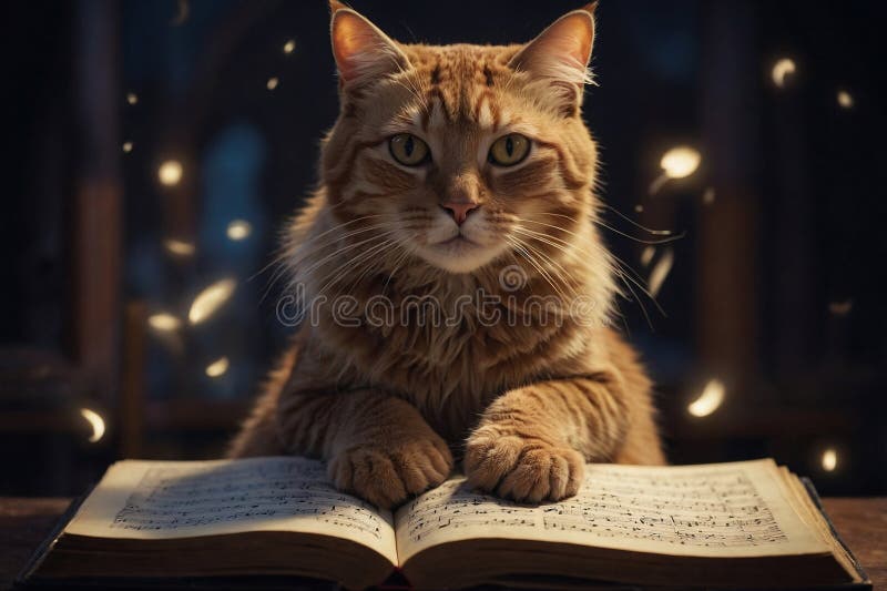 Fantasy image of a cat, and stands on an open, giant spellbook, singing as musical notes rise from the pages.