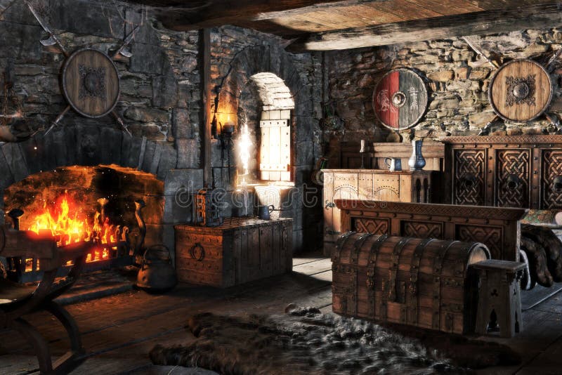 Fantasy Interior of a Medieval Bedroom with Traditional Decorations and a  Cozy Fireplace . Stock Illustration - Illustration of shield, fairy:  207055818