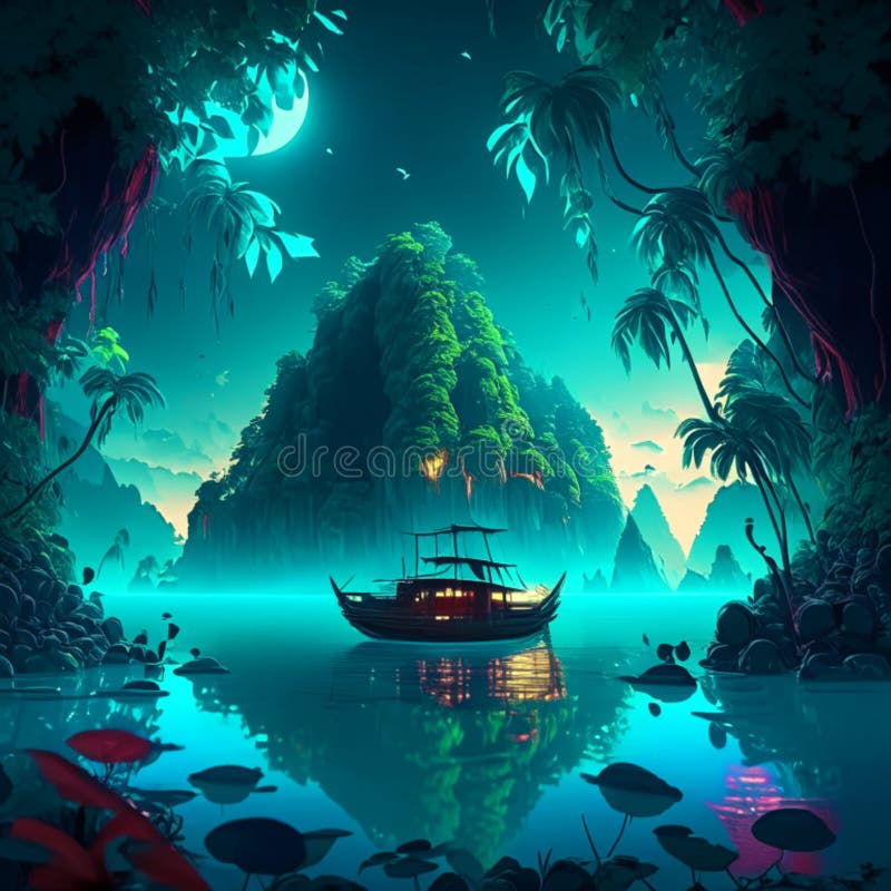 Fantasy Island In The Sea With A Boat Vector Illustration Stock Fantasy Island In The Sea With A Boat Vector Illustration Stock