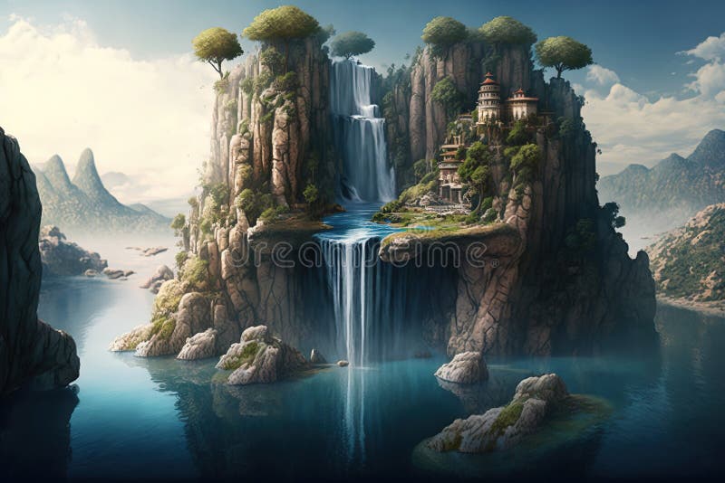 Fantasy Island of the World with Waterfalls Stock Photo - Image of