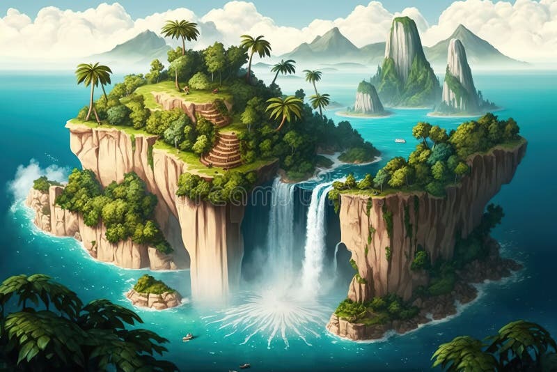 Fantasy Island of the World with Waterfalls Stock Illustration -  Illustration of cliffs, imaginary: 268441587
