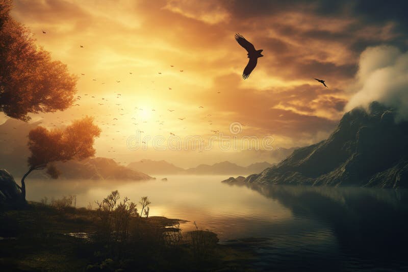 Fantasy landscape with a bird flying over the lake at sunset. Generative AI