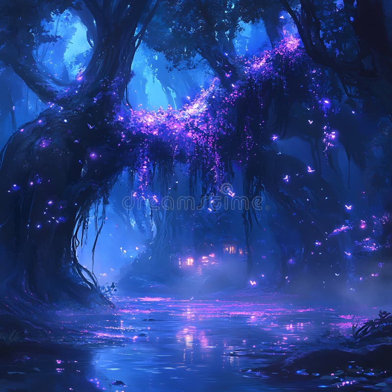 Fantasy landscape depicting an enchanting forest illuminated by ethereal blue a royalty free illustration