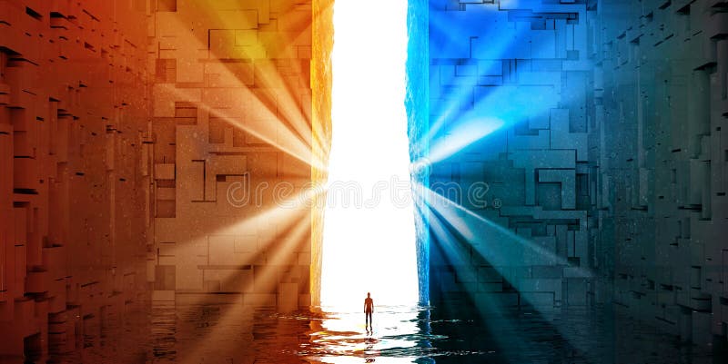 Fantasy landscape, fissure, darkness, light, sun, man in front of a large portal in a science fiction landscape