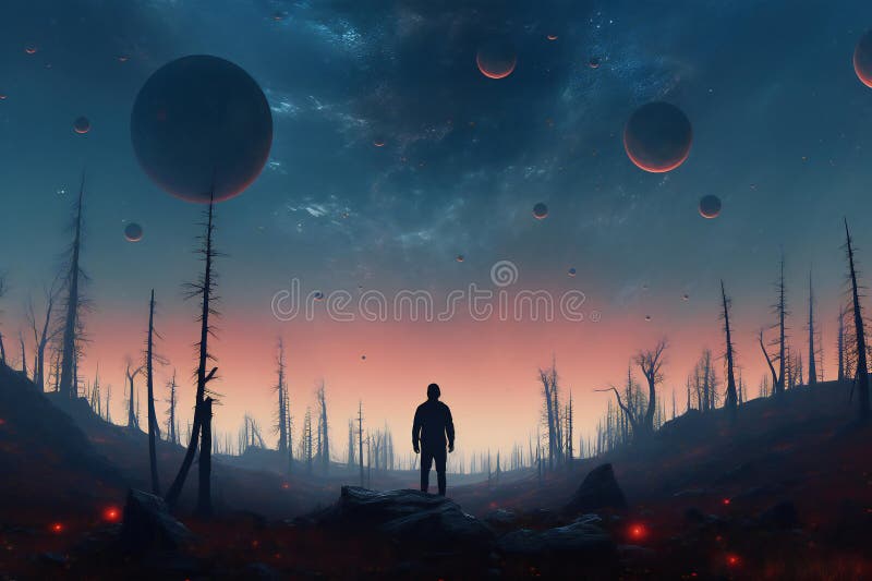 Fantasy landscape with man in the forest vector illustration