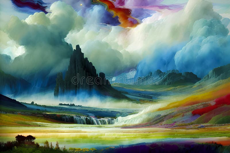 Fantasy Landscape with Mountains, Clouds and Rainbow. Digital Painting