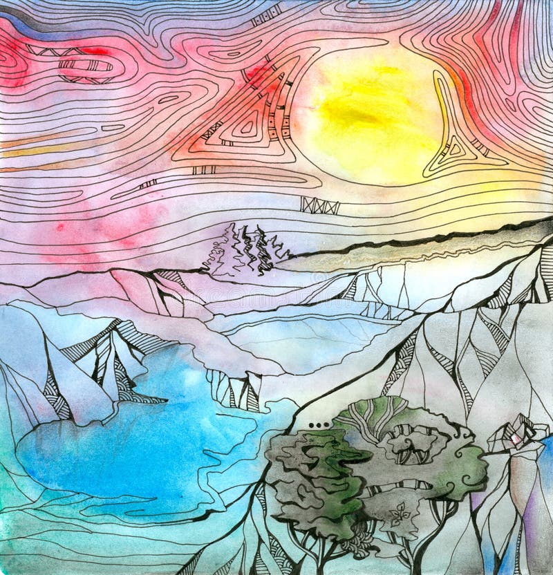 Fantasy landscape with mountains, lakes and trees. Colorful sky with bright yellow sun. Hand drawn picture stock illustration Fantasy landscape with mountains, lakes and trees. Colorful sky with bright yellow sun. Hand drawn picture stock illustration