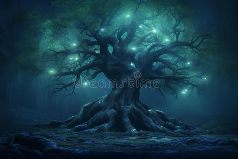 Fantasy landscape with old tree and magic lights stock illustration