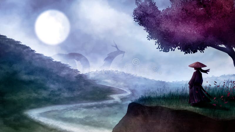 A fantasy landscape with a samurai girl standing on a rock under a pink tree and a mysterious forest dragon hiding behind blue