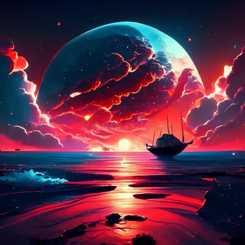 Fantasy Landscape With A Ship Sailing On The Sea 3d Illustration Fantasy Landscape With A Ship Sailing On The Sea 3d Illustration