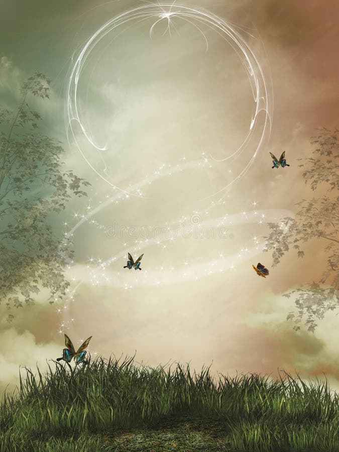 Fantasy landscape with sparkles and butterfly. Grass night sky background illustrations