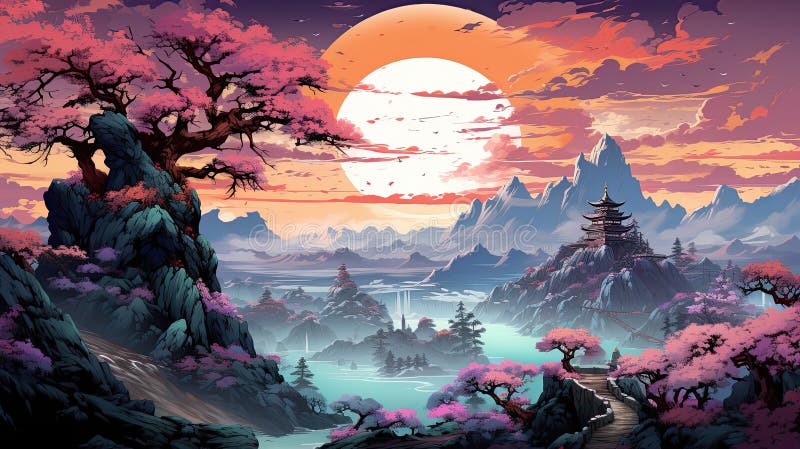 Fantasy Landscape with Temple, Mountains and Lake. Vector Cartoon ...