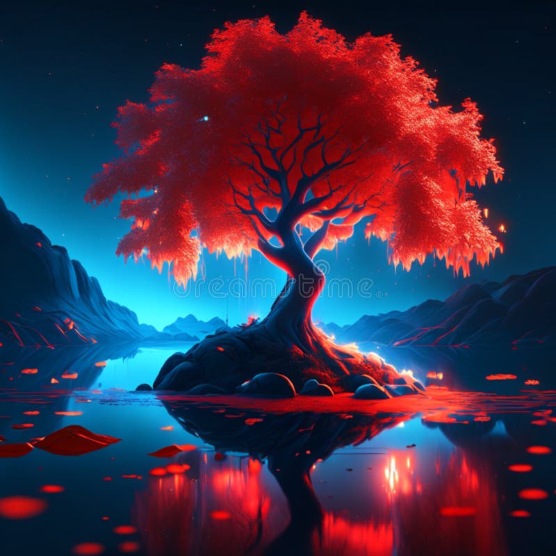 Fantasy Landscape with a Tree on a Lake. 3d Rendering Generative AI