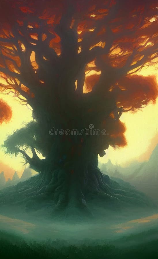 Fantasy lanscape with an ancient tree - abstract digital art stock illustration