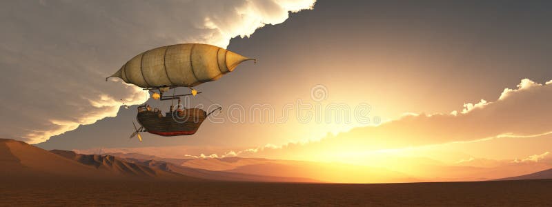 Fantasy-Luftschiff bei Sonnenuntergang über der Landschaft lizenzfreie abbildung