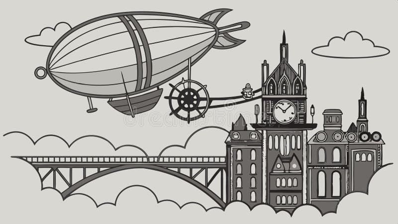 Fantasy-Luftschiff über Burgbrücke Steampunk Fahrzeug und magische Welt Vektordesign Generative AI stock abbildung